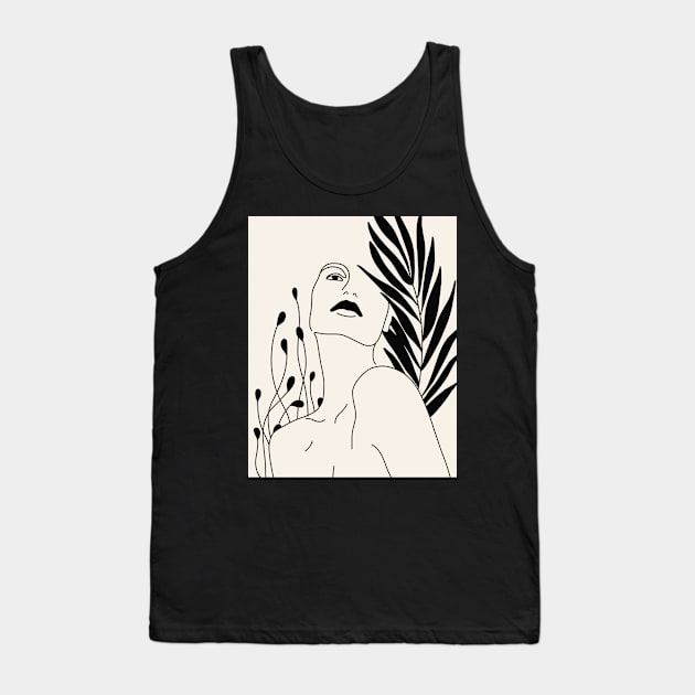 Woman Portrait And Plant Leaves Line Art Tank Top by Trippycollage